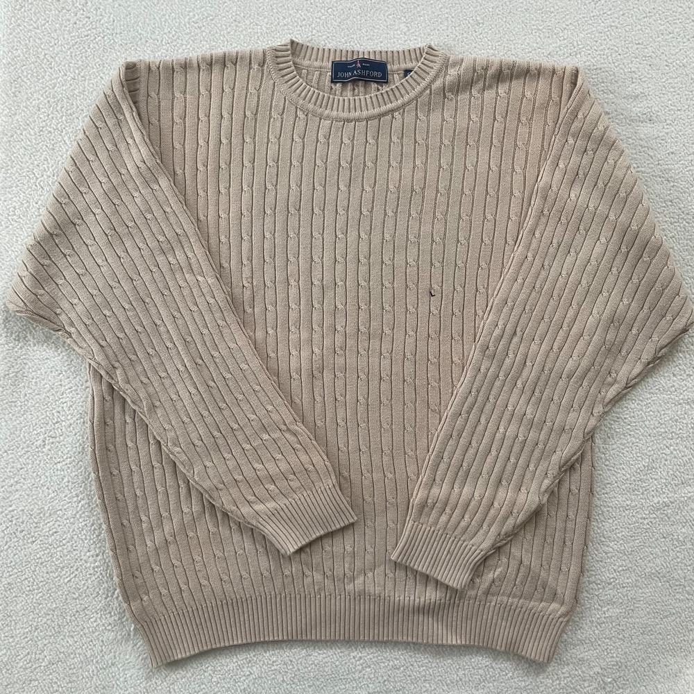 VTG NWT 90s John Ashford Cable Knit Sweater Mens L Tan Made in Australia Cotton
